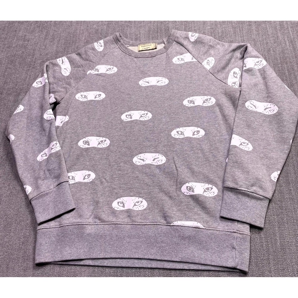 Maison Kitsune Sweatshirt Womens Small Gray Allover Owl Eye Print Raglan Sleeve